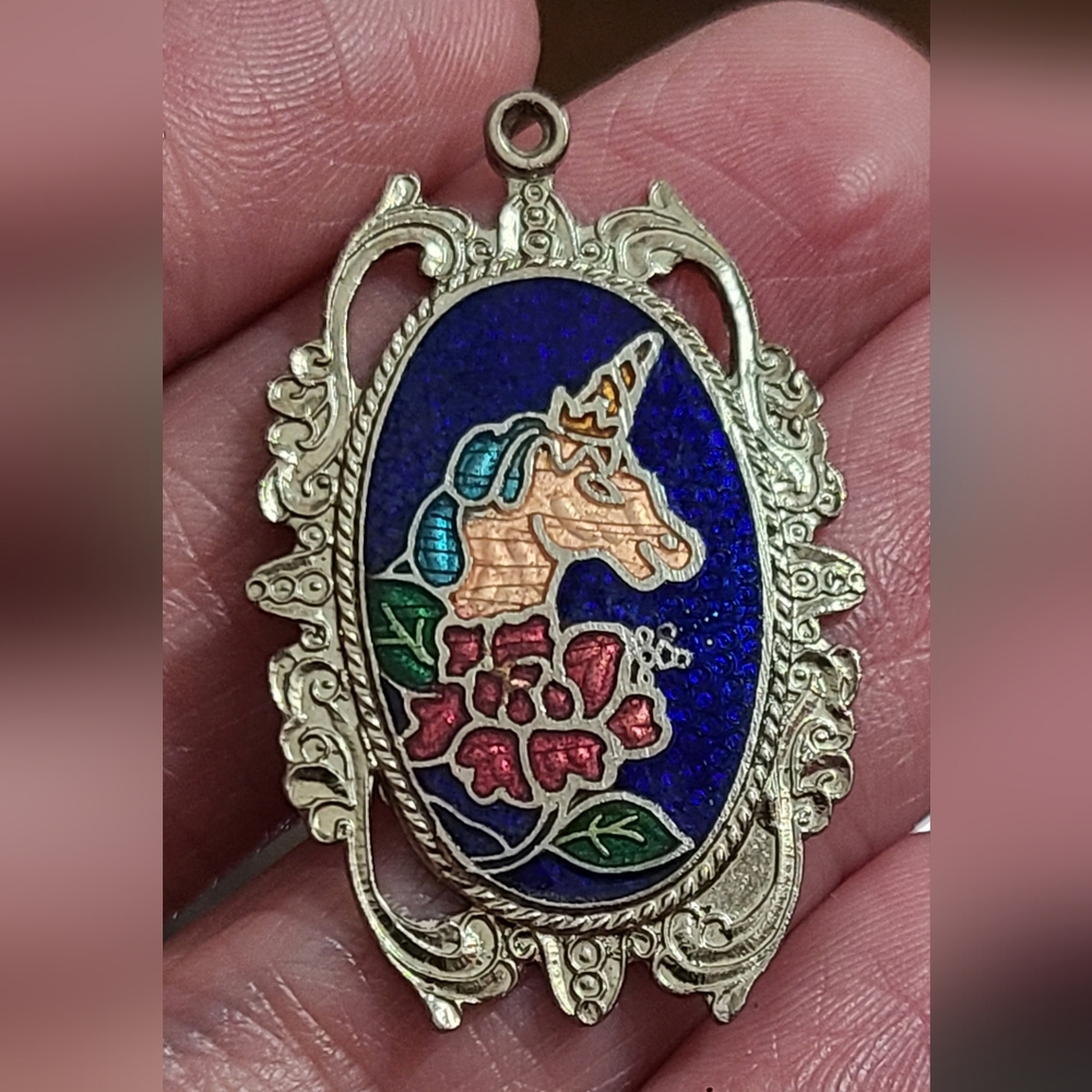 Vintage unicorn cloisonne necklace pendant flowers silver vtg estate euc - Picture 6 of 8